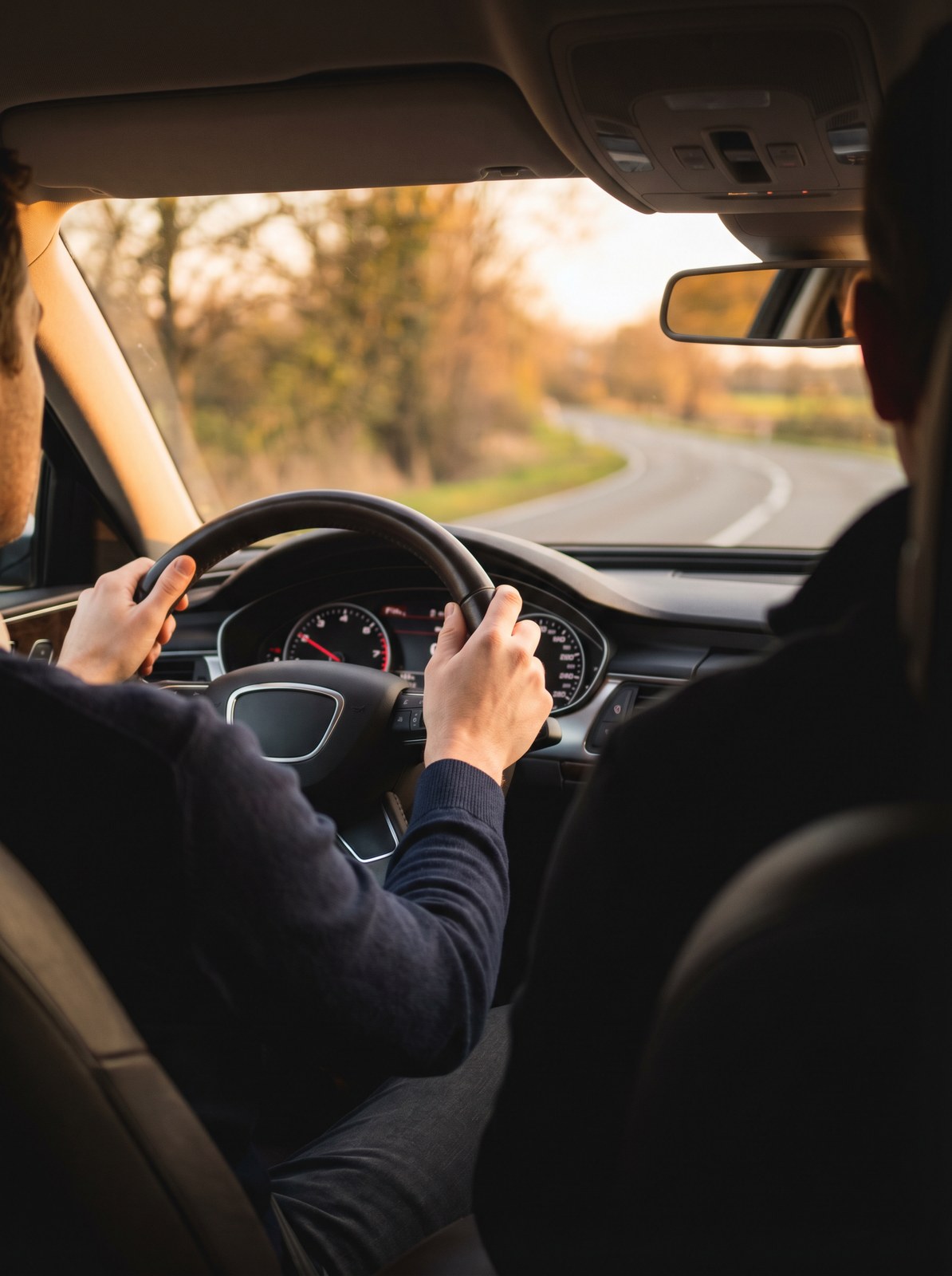 A student driver at the wheel on a quiet country road at golden hour, hands at 9 and 3, calm instructor in the passenger seat