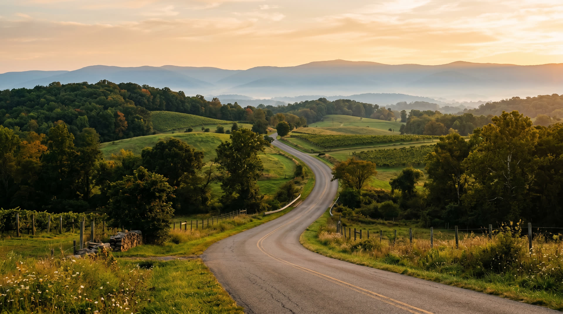 Golden-hour photograph of a rolling two-lane country road winding through the Northern Virginia countryside with Blue Ridge mountains in the distance